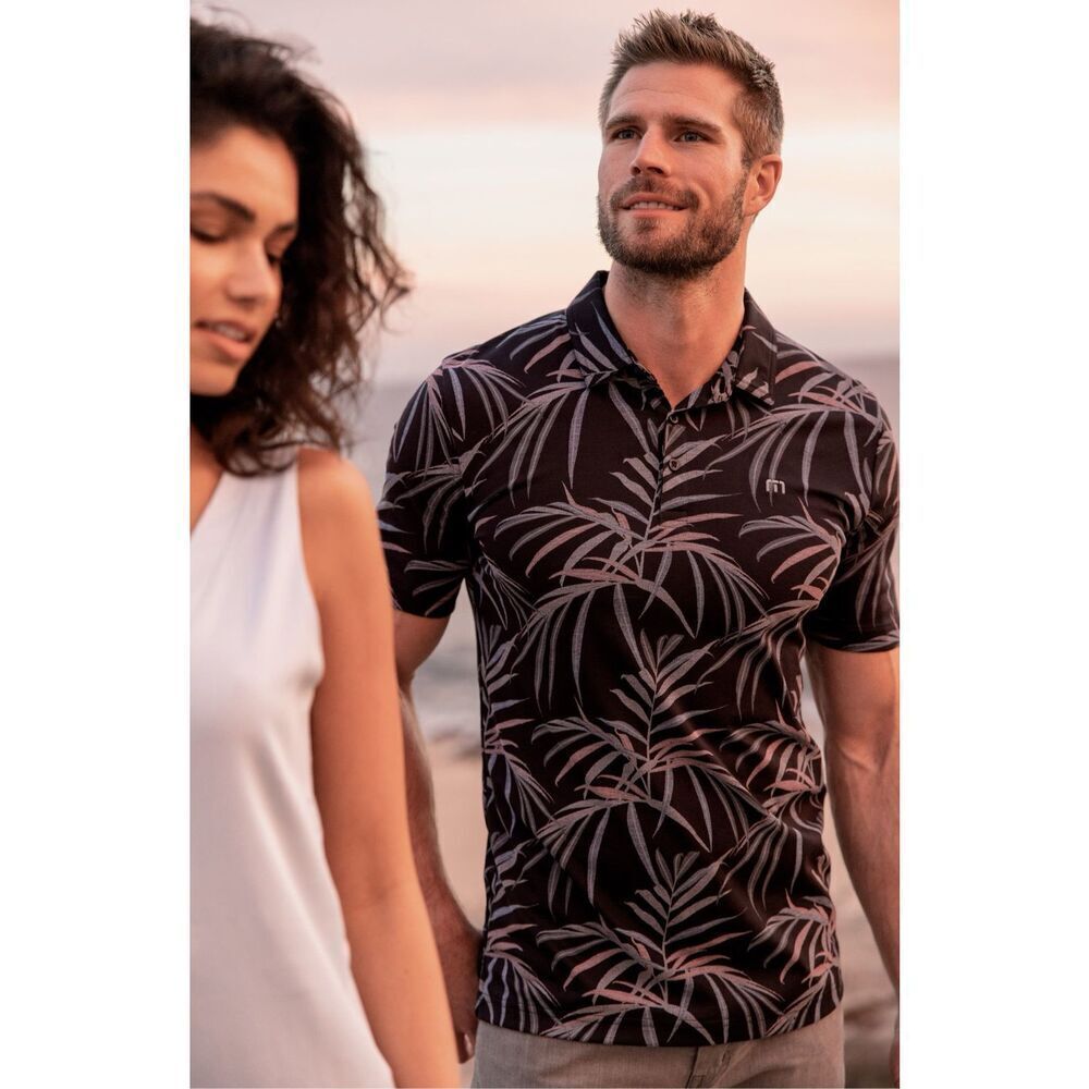 Travis Mathew Buzz Words Leaf Print Piqué Polo S Cotton Blend Tropical